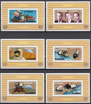 Ajman,  Mi Cat.  755 - 760 C.  Apollo 14,  Space Issue As Deluxe S/sheets.