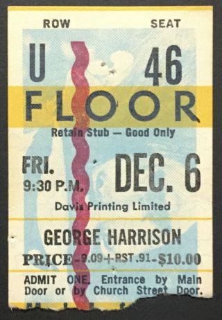 1974 George Harrison Maple Leaf Gardens Concert Ticket With Ravi Shankar Vintage