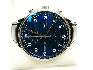 Iwc Portugieser Chronograph Iw371601 Auto Rare Blue Dial Wristwatch Box & Papers