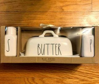 Rae Dunn " Butter " Dish With " S " & " P " Salt & Pepper Shakers Set Ll Gift Set