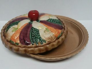 Vintage Stoneware Pottery Covered Pie Plate Made In Portugal Vegetable Theme
