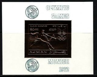 Ajman,  Mi Cat.  1236,  Bl336.  Munich Olympics Gold Foil S/sht.  Equestrian Shown.