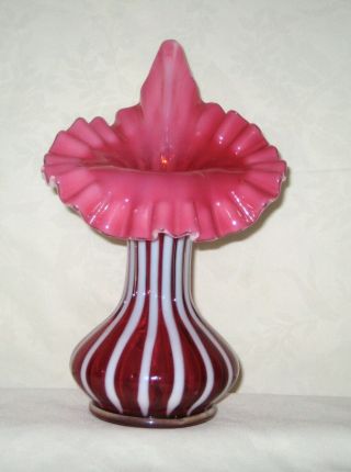 Fenton 1994 Large Rib Optic Cranberry Opalescent Tulip Vase Made For Qvc