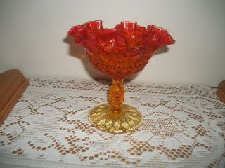 Vintage Fenton Red And Yellow / Amber Glass Hobnail Compote Candy Dish