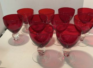 Vintage Ruby Red Wine/water Footed Goblets Ball Stem - Set Of 10