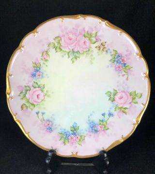 Vintage Hand Painted Large Cabinet/wall Plate Roses Flowers Pink Edge Signed 10”
