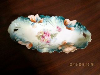 Pretty Rs Prussia Relish Dish 9 1/2 " L Roses Teal Peach Border Lg Floral Border