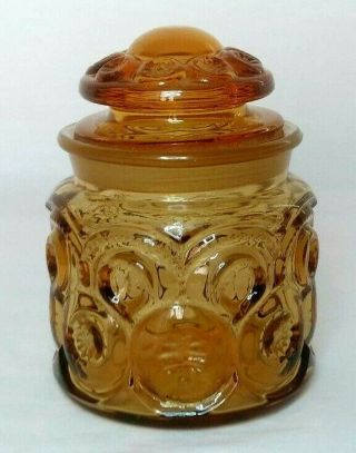 L E Smith Amber Moon And Stars 5 - 1/2 " Glass Canister Apothecary Jar - Euc