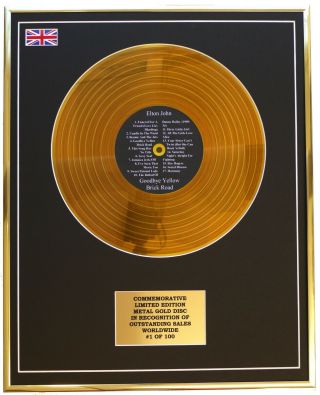 Elton John - Goodbye Yellow Brick Metal Gold Record Display Commemorative Ltd Ed