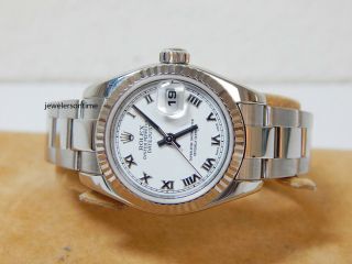 Rolex Stainless Ladies Datejust 18K White Gold Bezel Oyster Band Roman 179174 2
