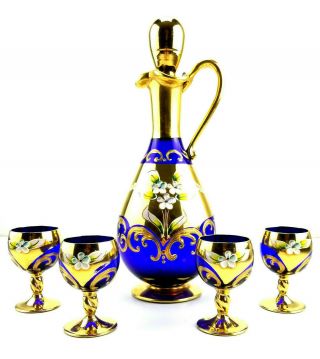 Vintage Bohemian Cobalt Blue Gold Gilt Flower Decanter 4 Cordial Glass Set Bt
