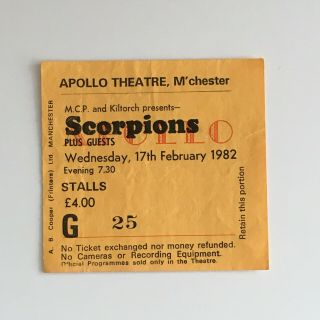 The Scorpions - 17/02/1982 Apollo Theatre Manchester Concert Ticket Stub