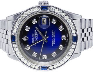 Mens Rolex Datejust 36mm S.  Steel Blue Sapphire Vignette Dial Diamond Watch 2.  5ct