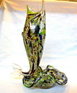 Retro 1950`s Kitsch Large Hand Blown Murano Splatter Glass Fish Vase & Ashtray.