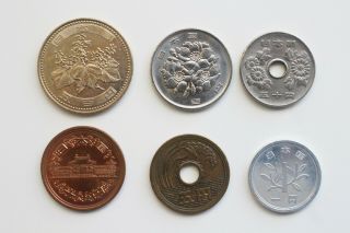 6 Japanese Coins - 500,  100,  50,  10,  5 And 1 Yen Coin Japan