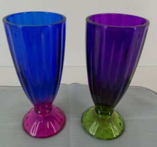 Vtg Set Of 2 Blue/purple Ribbed Glass Milkshake Soda Fountain Sundae Glasses