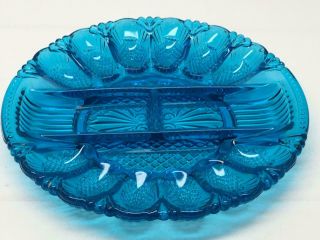 Vtg Le Smith Glass Deviled Egg & Divided Relish Plate Blue Turquoise