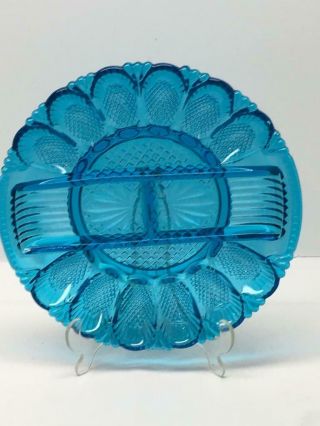 Vtg LE Smith Glass Deviled Egg & Divided Relish Plate Blue Turquoise 2
