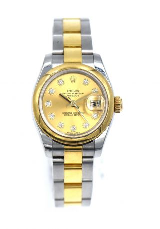 Ladies Rolex Datejust 179163 Wristwatch Diamond Dial 18k Gold Stainless Papers