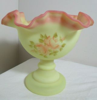 Fenton Rose Burmese Art Glass Epergne Bowl Hand Painted Signed Alice Farley 6 "