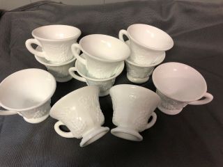 Set Of 8 Vintage Harvest Grape Pattern White Milk Glass Tea Coffee Cups