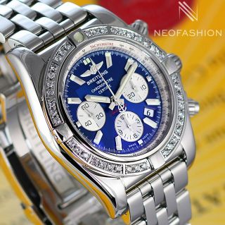 Breitling Chronomat B01 Ss 44mm Rare Blue Dial Diamond Bezel Mens Watch Ab0110