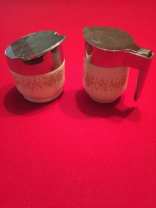 Vintage Gemco Milk Glass/ Brown Daisy & Butterfly Sugar Bowl And Creamer W/ Lids