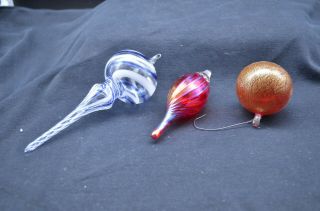 Group Of 3 Glass Hand Blown Ornaments - Ruby Irridescent,  Blue/white,  Maroon Globe