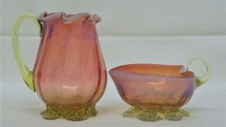 Two Antique Cranberry & Opalescent Yellow Vaseline Glass Jugs - A/f