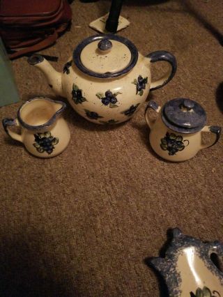 Vintage Blueberry Hand Crafted Teapot & Cream & Sugar Made In Maine