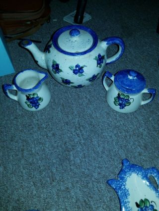 VINTAGE BLUEBERRY HAND CRAFTED TEAPOT & CREAM & SUGAR MADE IN MAINE 2
