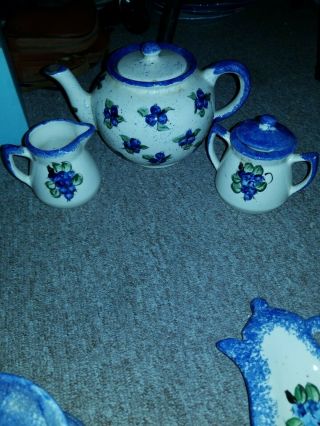 VINTAGE BLUEBERRY HAND CRAFTED TEAPOT & CREAM & SUGAR MADE IN MAINE 3