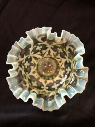 Antique Northwood Vaseline Opalescent Spanish Lace Ruffled Bowl 3