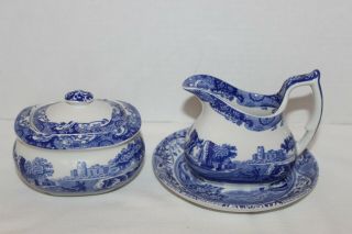 Spode Italian Blue Camilla England Creamer & Sugar Bowl Set With Plate C 1816
