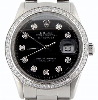 Rolex Stainless Steel Datejust Watch Oyster W/black Diamond Dial & 1 Ct Bezel