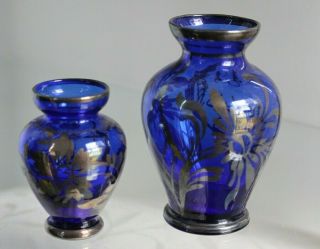 2 Vintage Venetian Cobalt Blue Glass Vases Silver Overlay