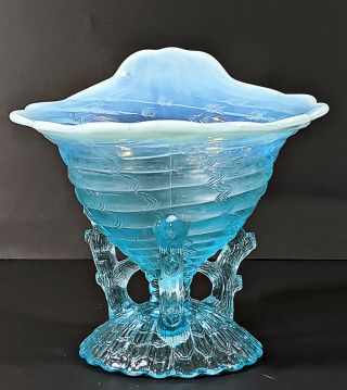 Wow 1904 Antique Northwood Blue Opalescent Glass Ocean Shell Footed Bowl Compote