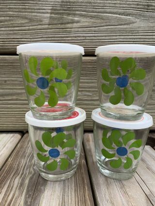 Vintage Set Of 4 - 1/2 Pint Sour Cream Pinwheel Glasses With Lids Green Blue