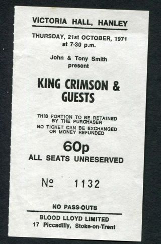 1971 King Crimson Concert Ticket Stub Hanley Uk Robert Fripp Islands