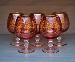Vintage Cranberry Red Pink Needle Etched Glass Brandy Sniffers Gold Gilt