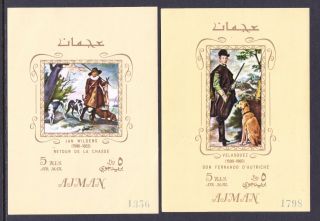 Ajman 1968 Paintings - Hunting Dogs Art - Two Mnh Miniature Sheets - (1)