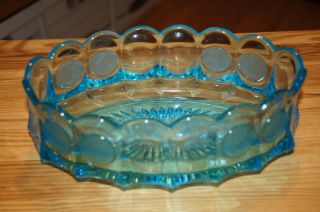 Vintage Fostoria Blue Glass Oval Bowl With Liberty Bell/1887 Figure Coin Pattern