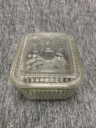 Vintage Ancient Hocking Clear Glass Refrigerator Dish With Fruit Design On Lid