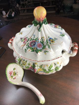 White Ceramic Soup Tureen With Hand Painted Floral Design & Ladle,  Made In Italy