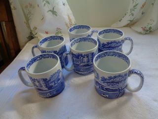 Set Of 6 Spode Mugs Blue & White Italian 8 Oz England C.  1816 H