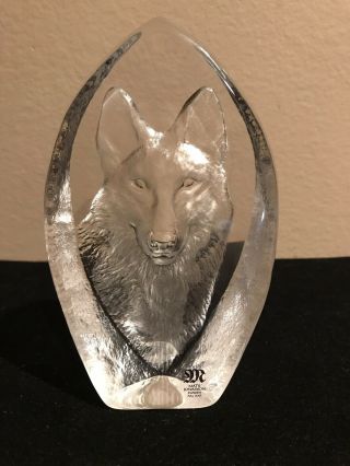 Signed Mats Jonasson Etched Crystal Wolf Sculpture 3682 - Sweden
