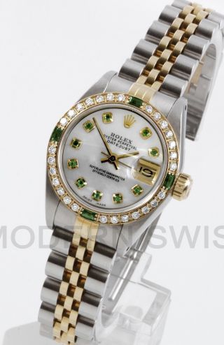 Rolex Ladies Datejust Gold & Steel Mop Emerald Diamond Dial Bezel Jubilee 2 Tone