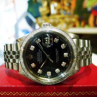 Mens Rolex Oyster Perpetual Datejust Diamonds Stainless Steel Black Dial Watch