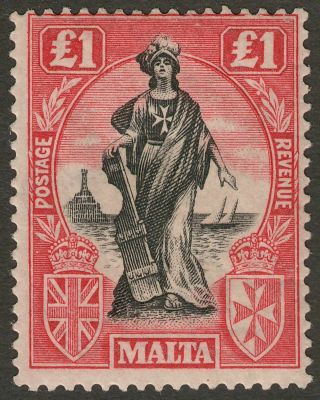 Malta 1925 Kgv Figure £1 Black,  Bright Carmine Wmk Upright Sg140 Cat £110