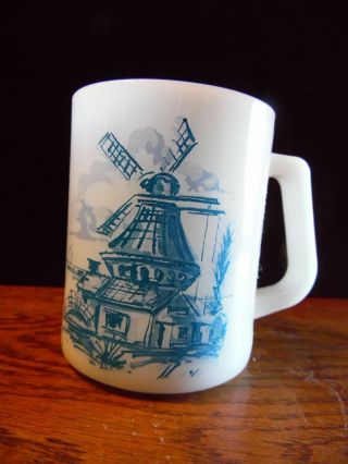 Federal Glass Cup Mug White Milk Glass Windmill Blue